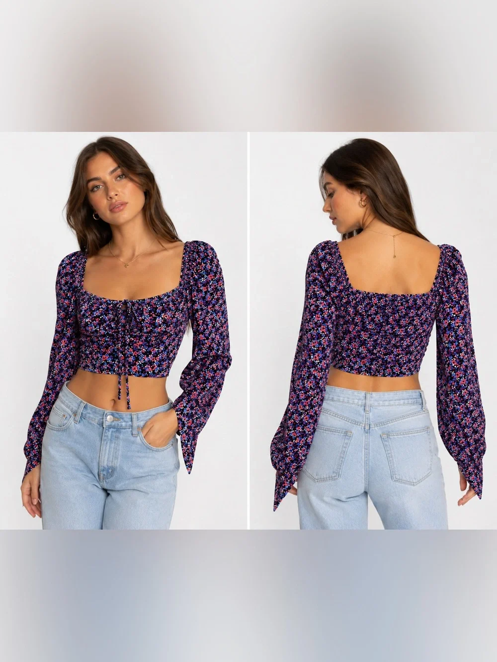 ZARA Women’s Floral Square-Neck Long-Sleeve Crop Top in Multi-Color